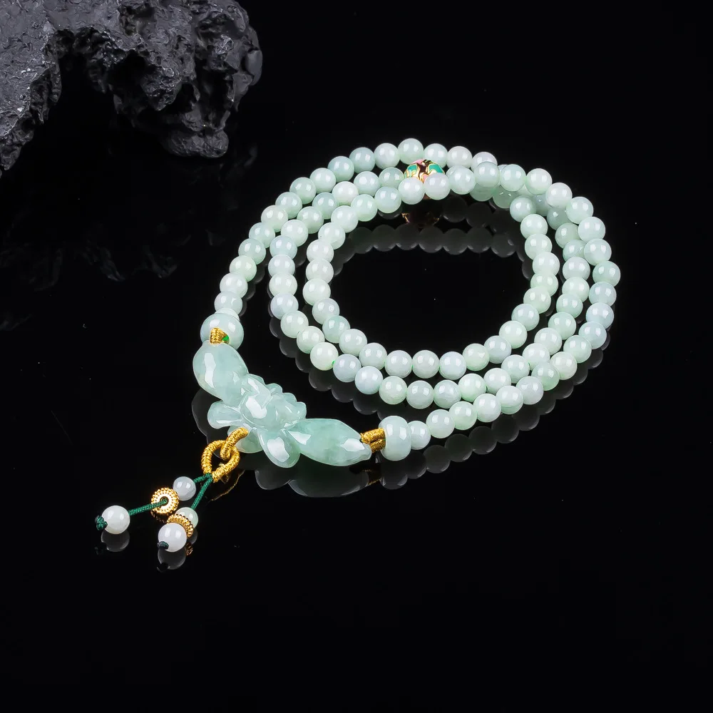 

Natural Myanmar Emerald Burmese Jade Butterfly Flower 6mm Beads Necklace Jadeite Hand Woven Amulets Fashion Jewelry Gift Charm