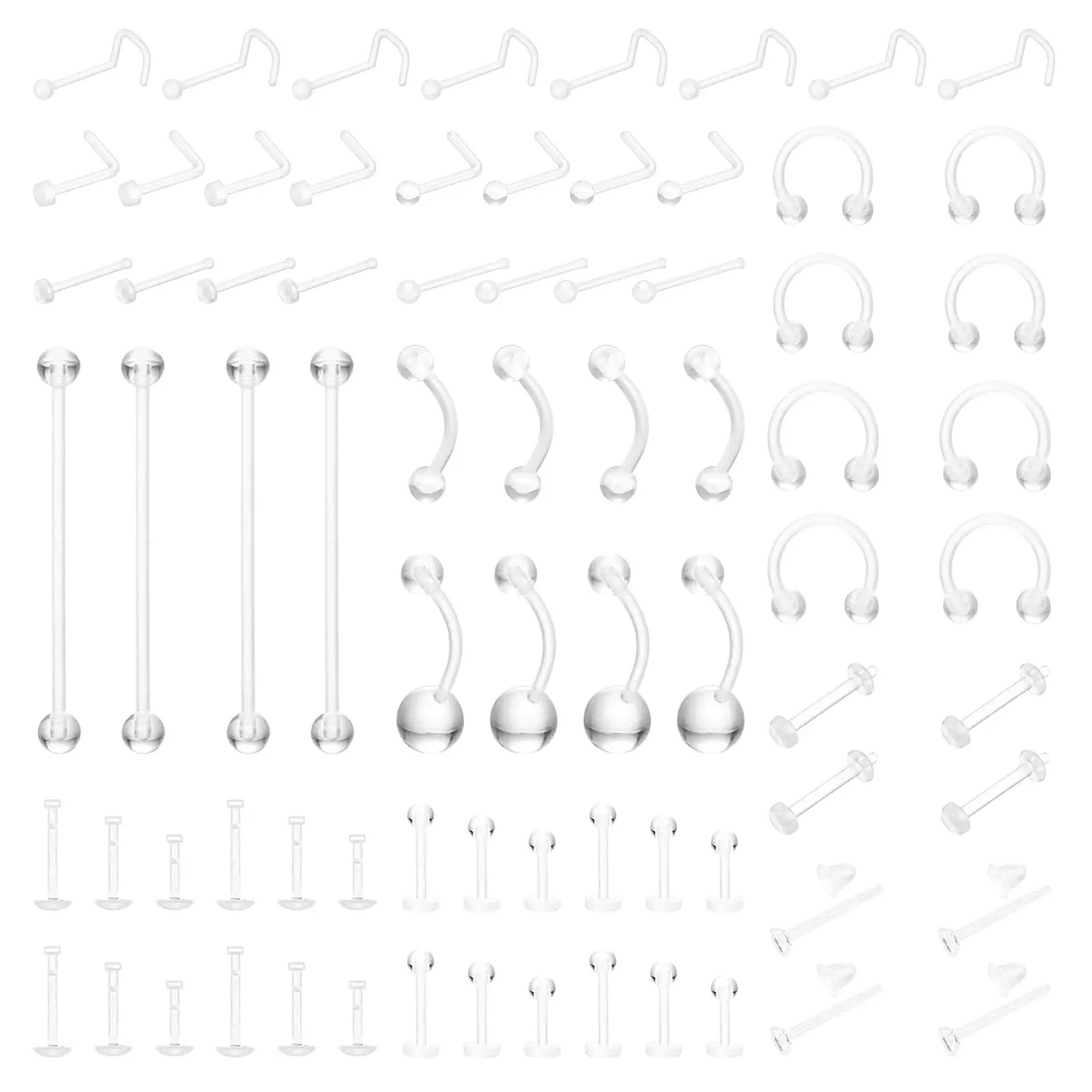 76Pcs Plastic Clear Retainers Body Piercing Kit Nose Lip Eyebrow Navel Tongue Tragus Flexible Jewelry Set Surgery Sports Work