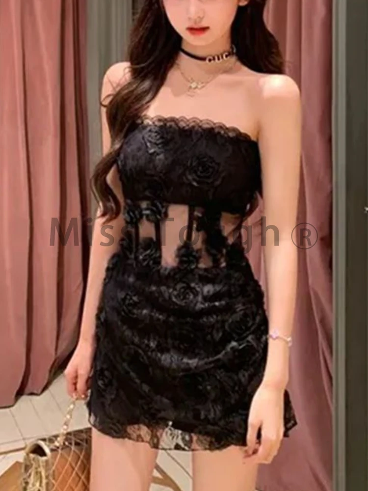 Y2k Sweet Spicy Style Elegant Dress Women Flower Solid Vintage Chic Mini Dress Female Korean Fashion Lace One Piece Dress 2024