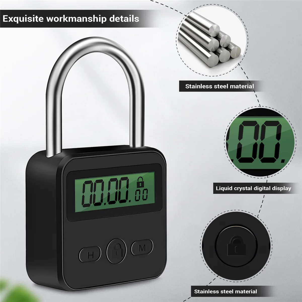 Cerradura con temporizador de metal Pantalla LCD Tiempo electrónico multifunción Temporización máxima de 99 horas Candado con temporizador recargable por USB, negro