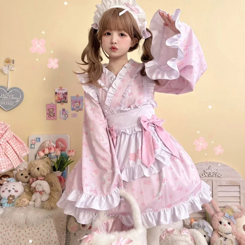 

Japanese Kawaii Lolita Dress Women Sweet Cute Bunny Print Bow Party Mini Dresses Harajuku Y2k Ruffes with Apron Maid Lolita Set