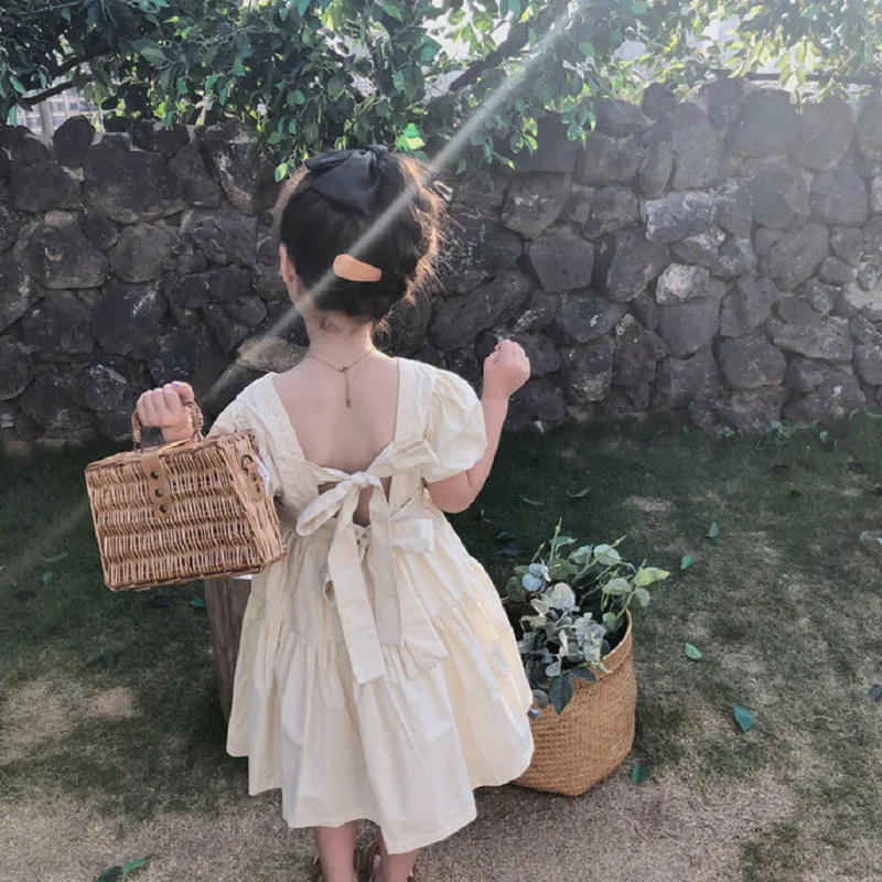 

Girls' dress with open back, tie straps, square neckline, princess dress26New summer children's clothing wholesale3-8Years Old