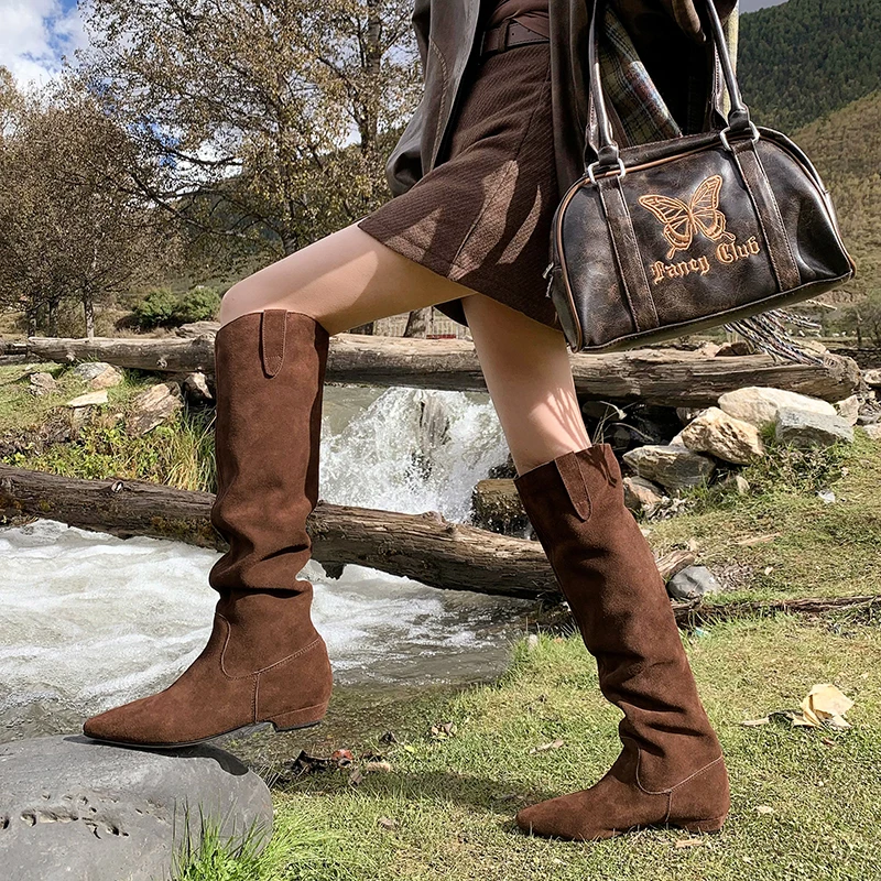 QUTAA 2026 موضة البقرة المدبوغ أخبار النساء حذاء برقبة للركبة الخريف النعال الكعوب أشار تو أحذية طويلة الشتاء أحذية امرأة 34-40 #5