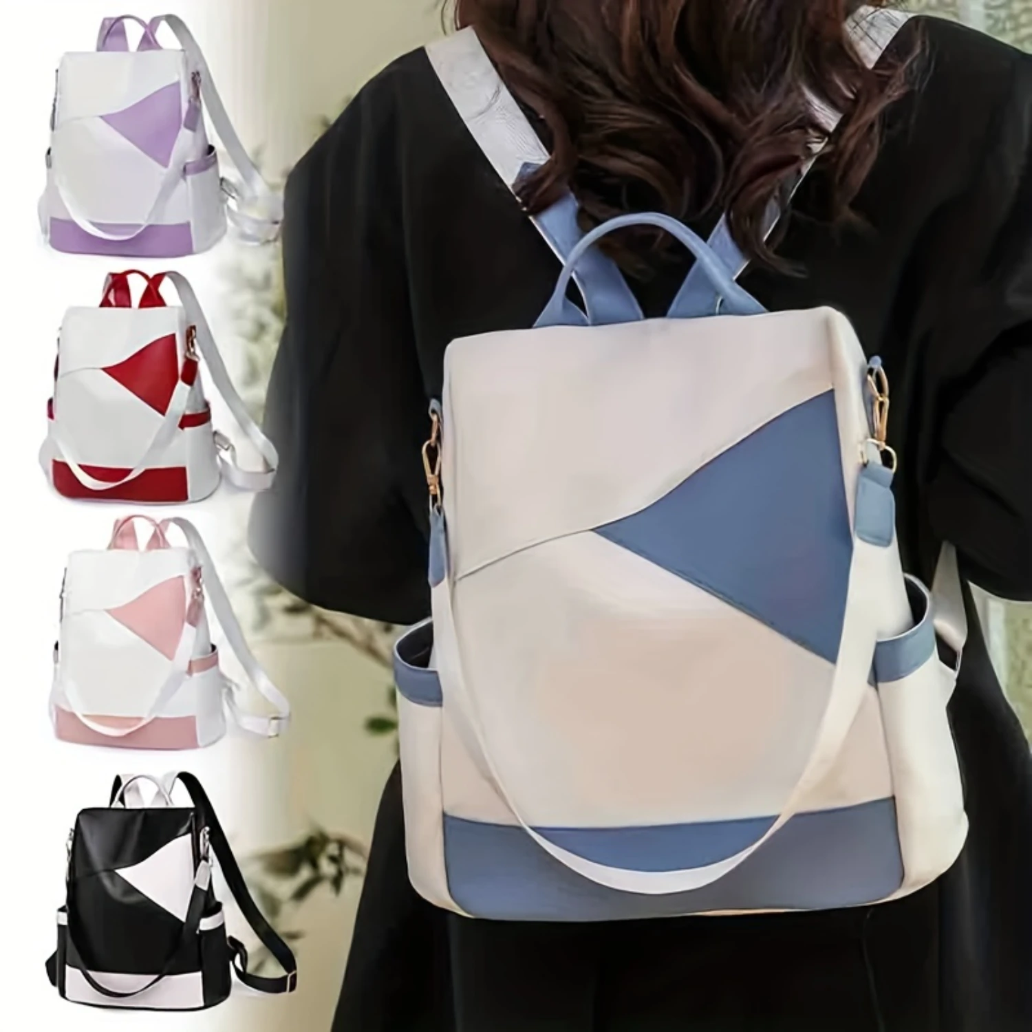 

Color Block Stylish Backpack, Zipper PU Leather Versatile Knapsack, Preppy Style Durable School Bag Shoulder Bag