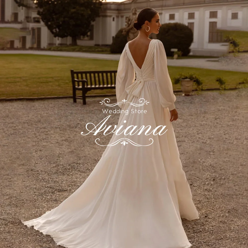 

Customized V-Neck Open Back Ruffles Long Sleeve Wedding Dresses Pleat Floor-Length Vintage Chiffon Women Vestidos De Novias 2025