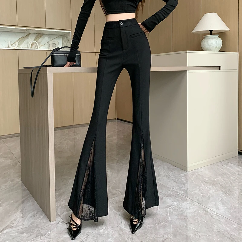 

Black Boot Cut Y2k Pants Women Popular Hotsweet Skinny High Waist Trousers Sexy Streetwear Korean Style Fashion Lace Spliced
