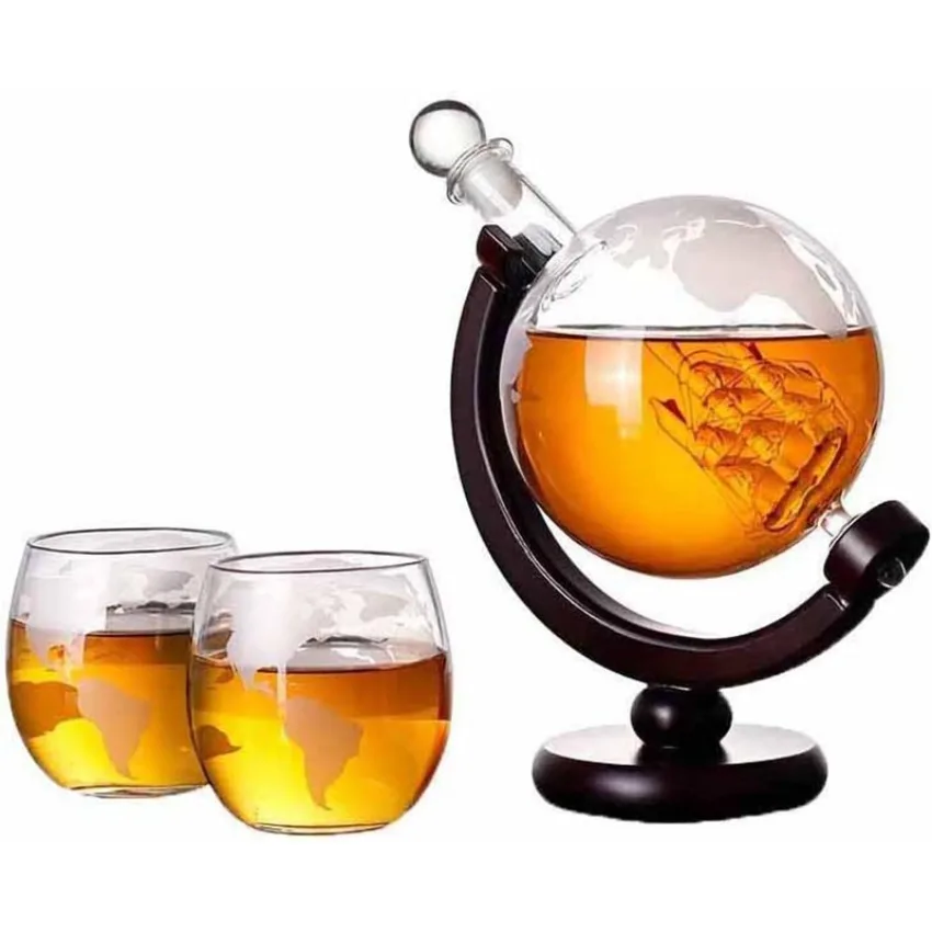 850ml Whiskey-Globus-Dekanter-Set mit 2 geätzten Globusgläsern – für Likör, Scotch, Bourbon, Wodka, Geschenke für Männer, Bar- und Küchenutensilien sowie Restaurants, Weinbars, Zuhause, Partys,