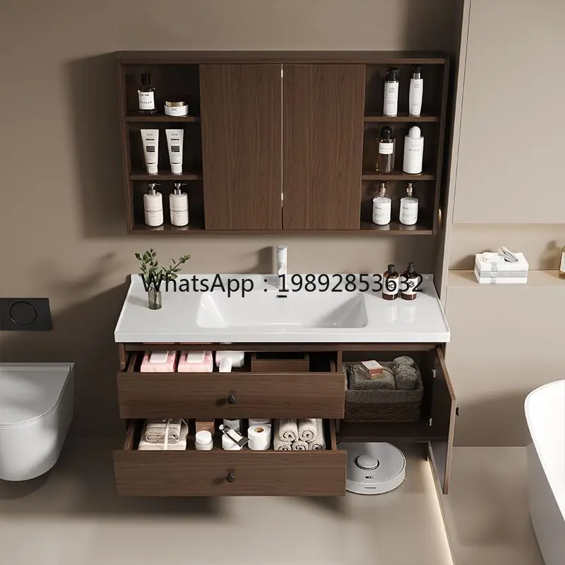 HYS walnut ceramic solid wood ancient style integrated push-pull feng shui mirror bathroom cabinet combination