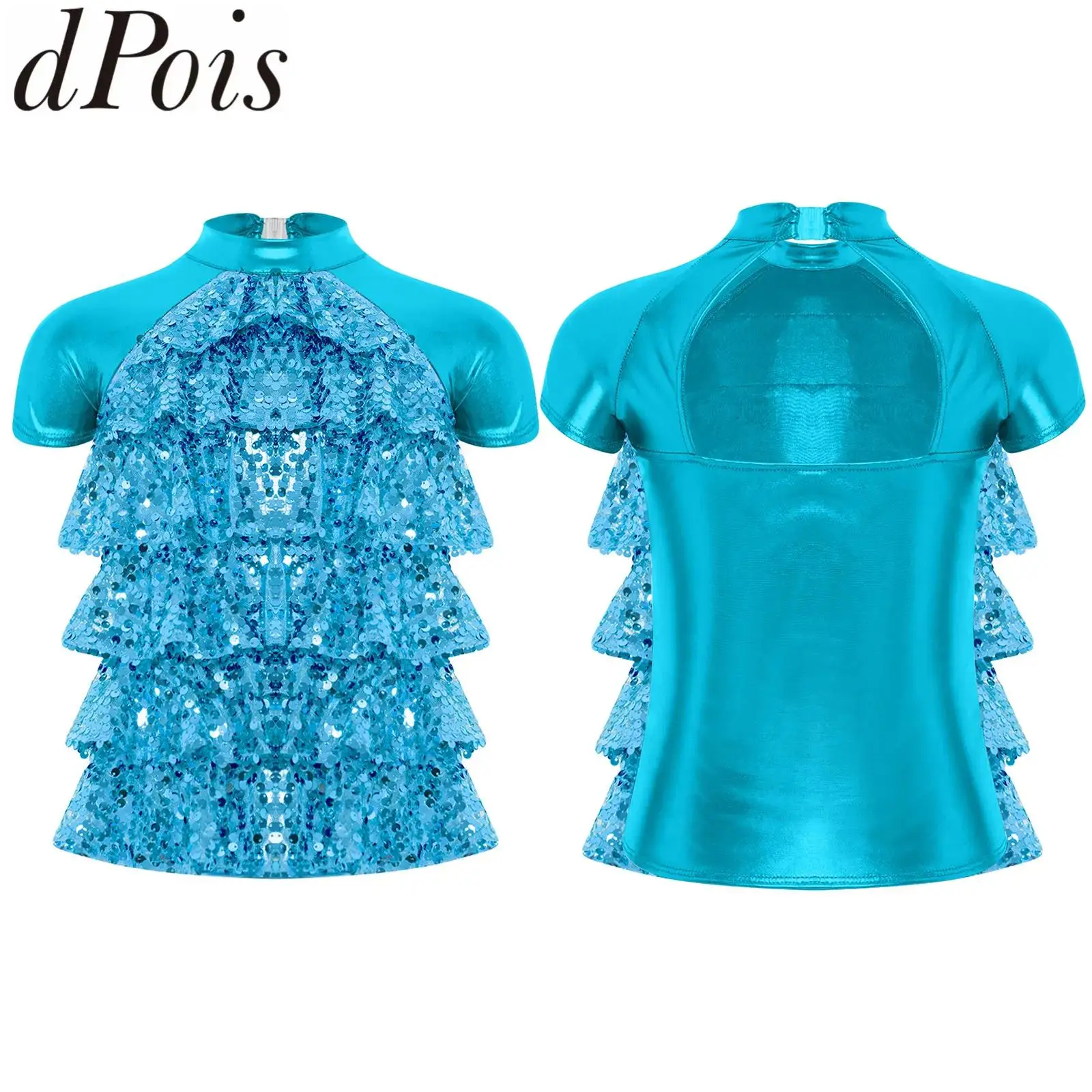 

Kids Girls Metallic Jazz Dance Top Shiny Party Choir Cheerleader Performance Costume Short Sleeve Sequins Tiered Back Cut Shirts