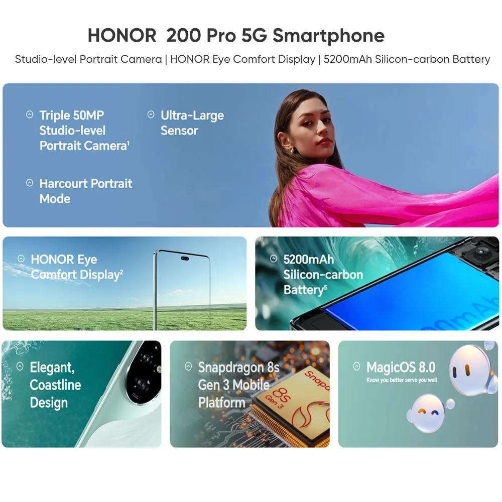 2024 Global Version HONOR 200 Pro Snapdragon 8s Gen 3 5G Smartphone 6.78'' 120Hz AMOLED Display Support HONOR 100W SuperCharge