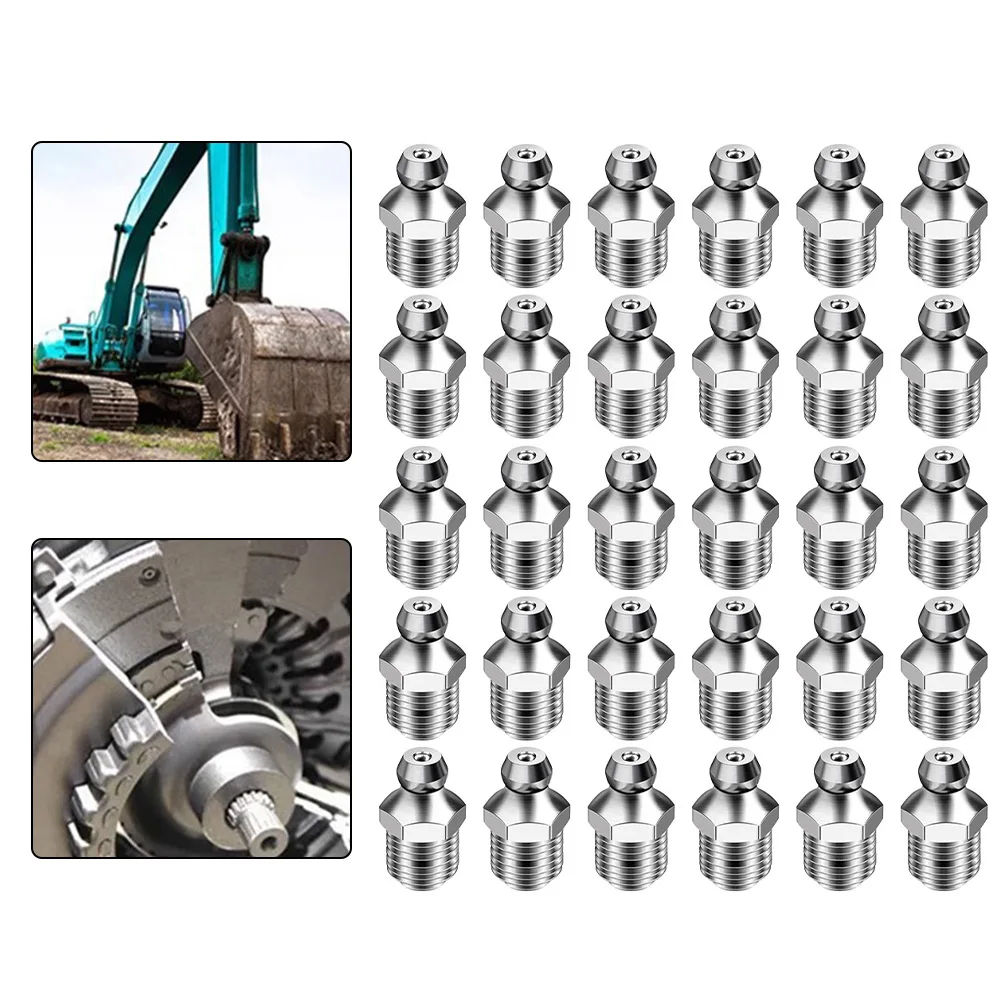 

30pcs Nickel Plated Iron Zerk Grease Fittings for Agricultural Machinery For excavators Construction Trucks M10 M8