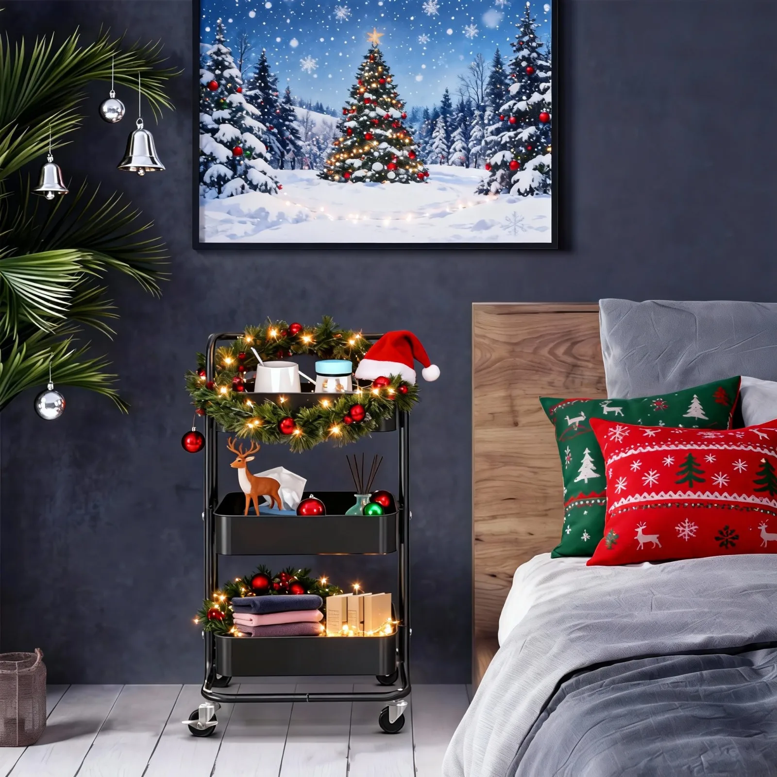 

Bold Metal Three-Layer Black Cart with Lockable Universal Wheels, Strong Load-Bearing Capacity, No Shaking Storage Artifact