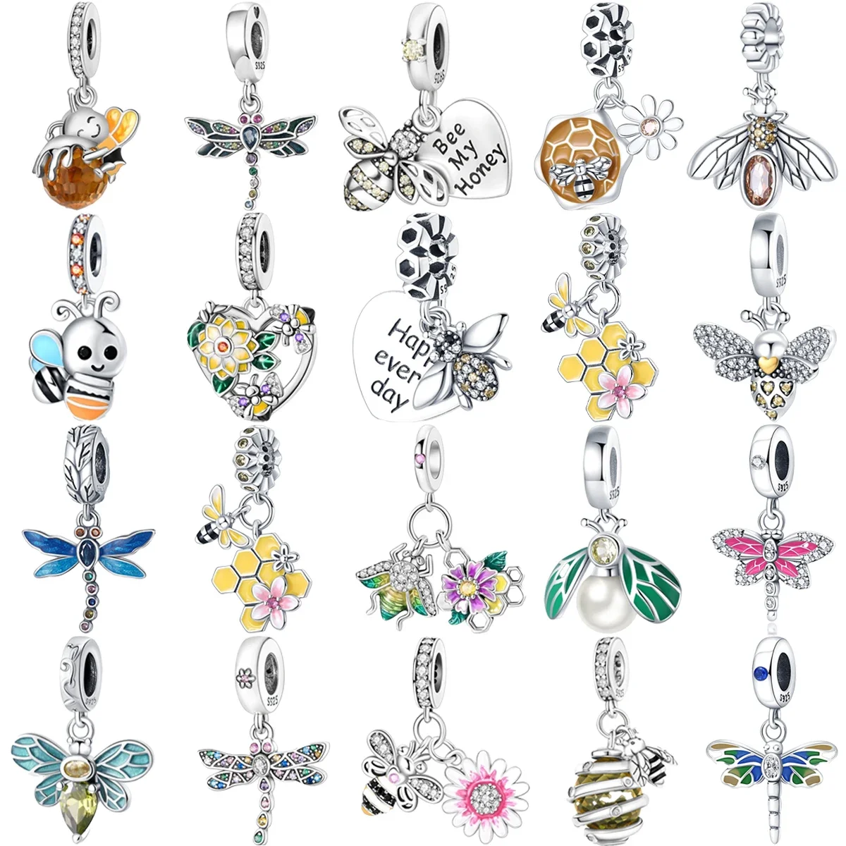 Original 925 Sterling Silver Bee Dragonfly Firefly Flower Charm Beads for Pandora DlY Bracelet Women's Jewelry Gifts