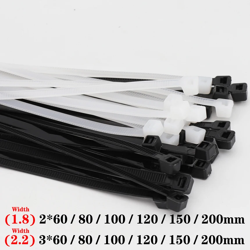 2 3*60/80/100/120/150/200mm 1.8/2.2mm Width White Black Self-Lock Nylon Plastic Strap Wrap Ziptie Bundle Zip Ties Cable Tie