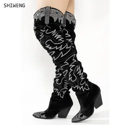 2024 Crystal Rhinestone Stretch Fabric Thigh High Over The Knee Boots Pointed Toe Thick Heel Pole Dance Women Shoe