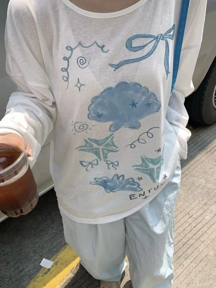 그래피티 프린트 티셔츠 여성 하라주쿠 한국 Y2k 오버사이즈 티셔츠 빈티지 긴팔 햇빛 가리개 셔츠 탑 스트릿웨어 탑