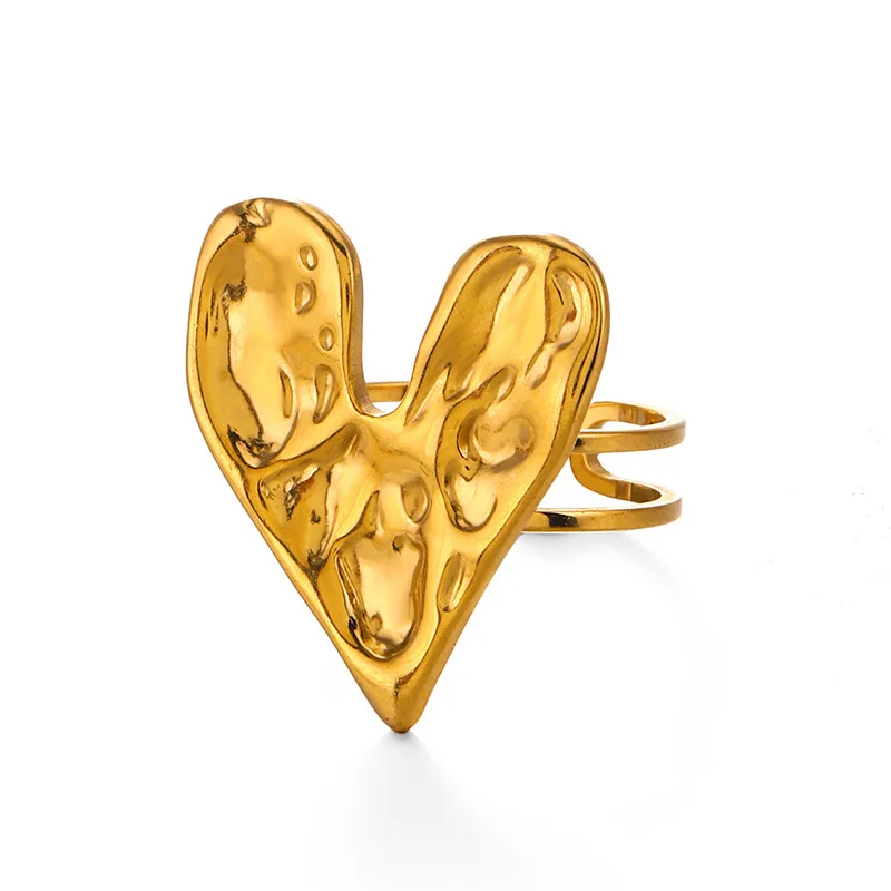 Stainless Steel Hammer Pattern Big Heart Opening Ring Texture Design 18K Gold Plated Jewelry for Women Charm Finger Decoration