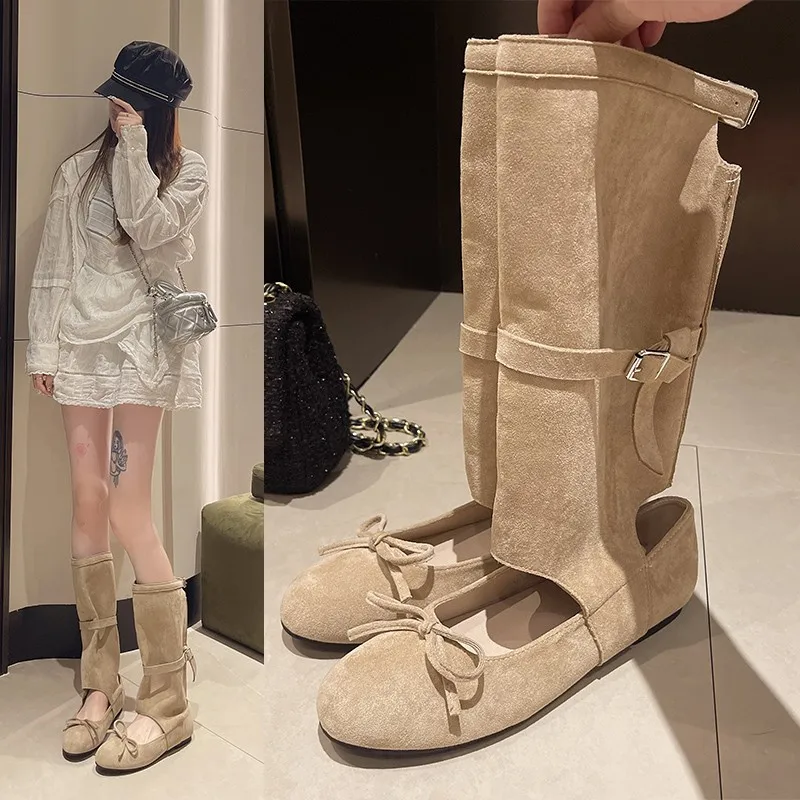 

Fashion Suede Ballet Pumps Boots Bows Belt Buckle Round Toe Square Heels Slip-On Different Ways To Wear Elegant Sexy Women Shoes