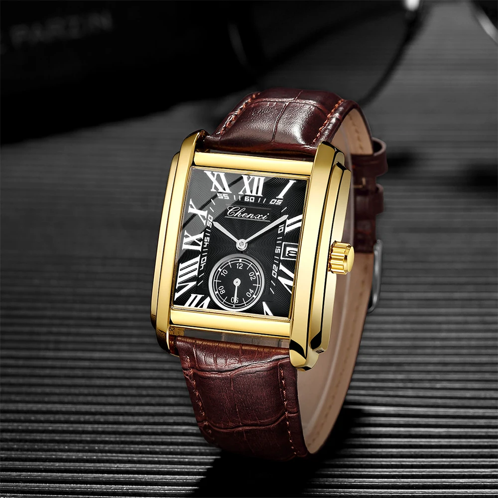 첸시 패션 캐주얼 쿼츠 남성용 시계 방수 캘린더 디스플레이 남성 시계 비즈니스 가죽 밴드 남성용 손목시계