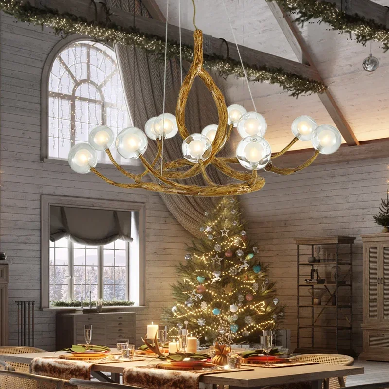 Retro Tree Branch Chandelier LED Resin Chandelier With Glass Bubble For Living Room Restaurant Vintage Dining Table Hanging Lamp