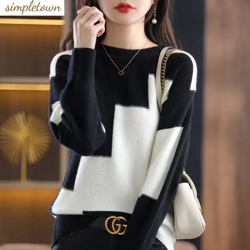 2023 Autumn/Winter New Round Neck Pullover Sweater Women\'s Autumn/Winter Versatile Long Sleeve Top Color Matching Knitted Sweate