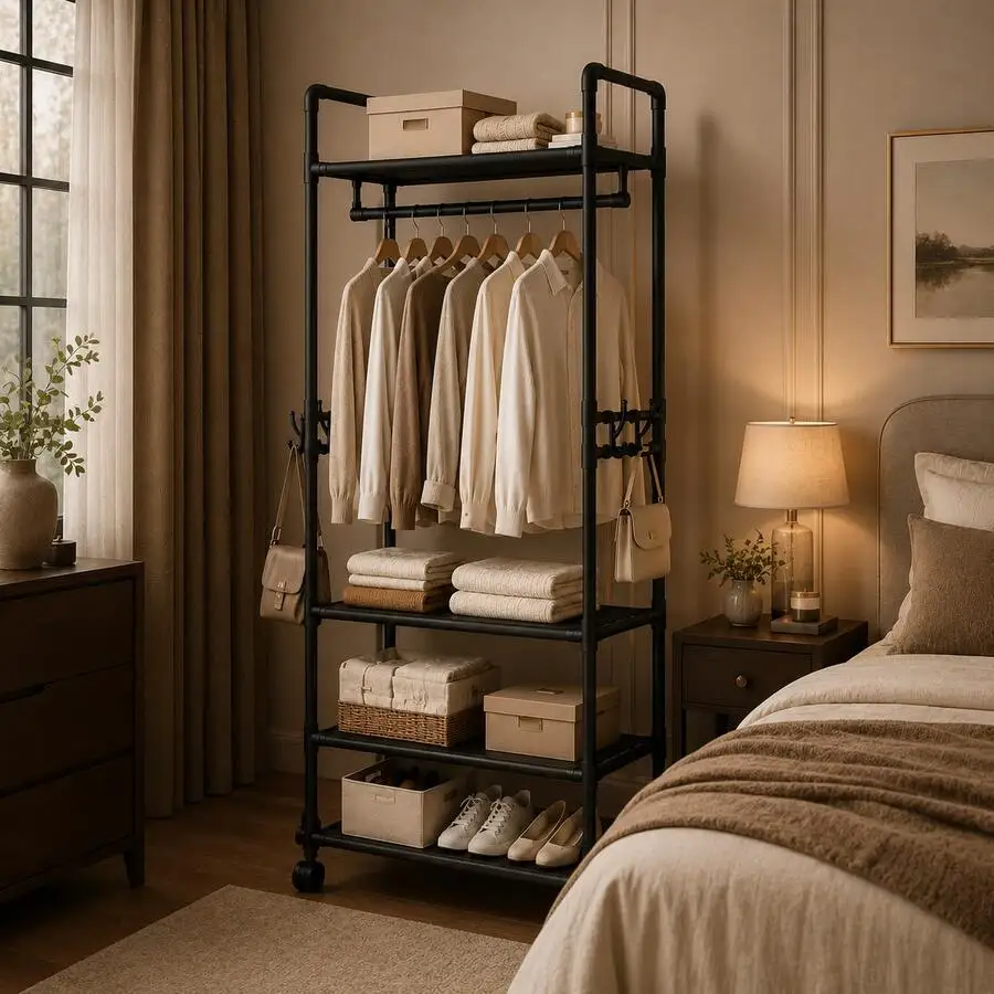 Available In Black And White. Comes With Hanging Rail & Multi Shelves To Store Clothes, Shoes, Bags. Fitted With Smooth Wheels F