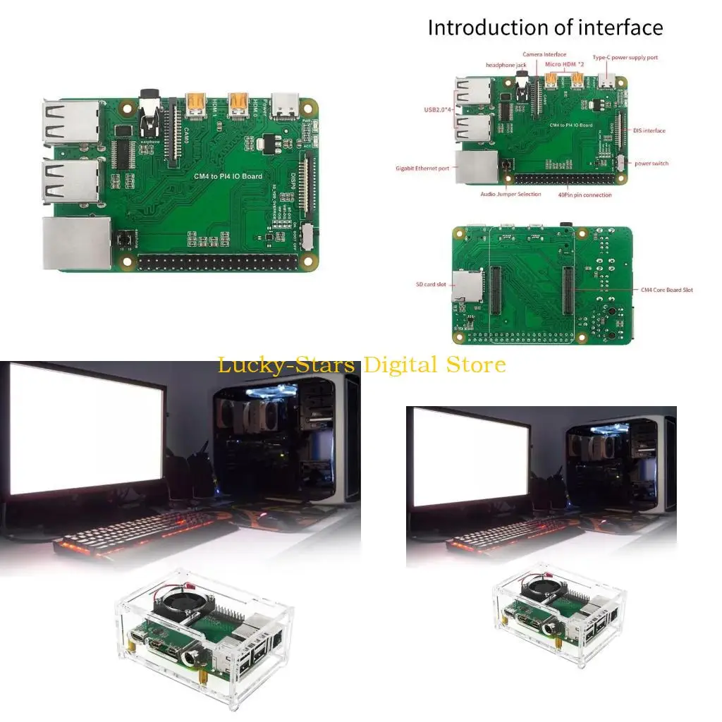 T3EE Forraspberrypi CM4 إلى لوحة توسيع محول PI4B مع RJ45NETWORK منافذ USB واجهات GPIO مروحة التبريد ومجموعة الحالات