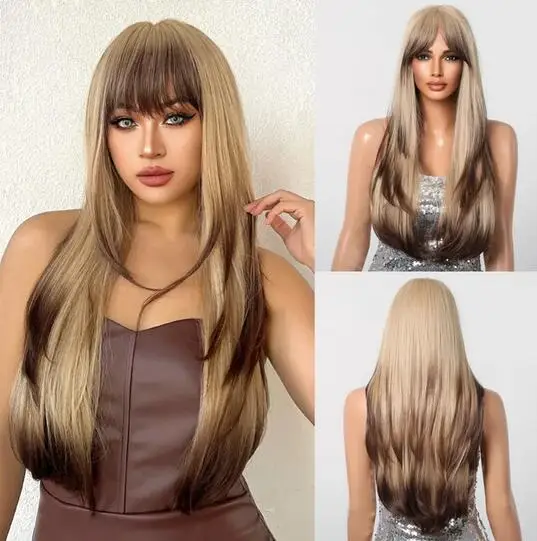 Perucas sintéticas de cabelo reto longo com franja para mulheres, Ombre Cosplay, fibra resistente ao calor, colorida