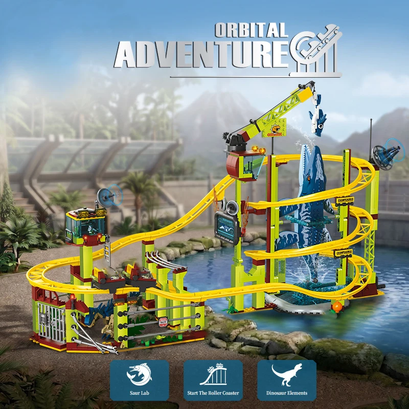 1061 PCS Building Block Track Adventure Research Lab Roller Coaster Large Size Dinosaur Theme Assembly Toy Train Track Boy's Bui