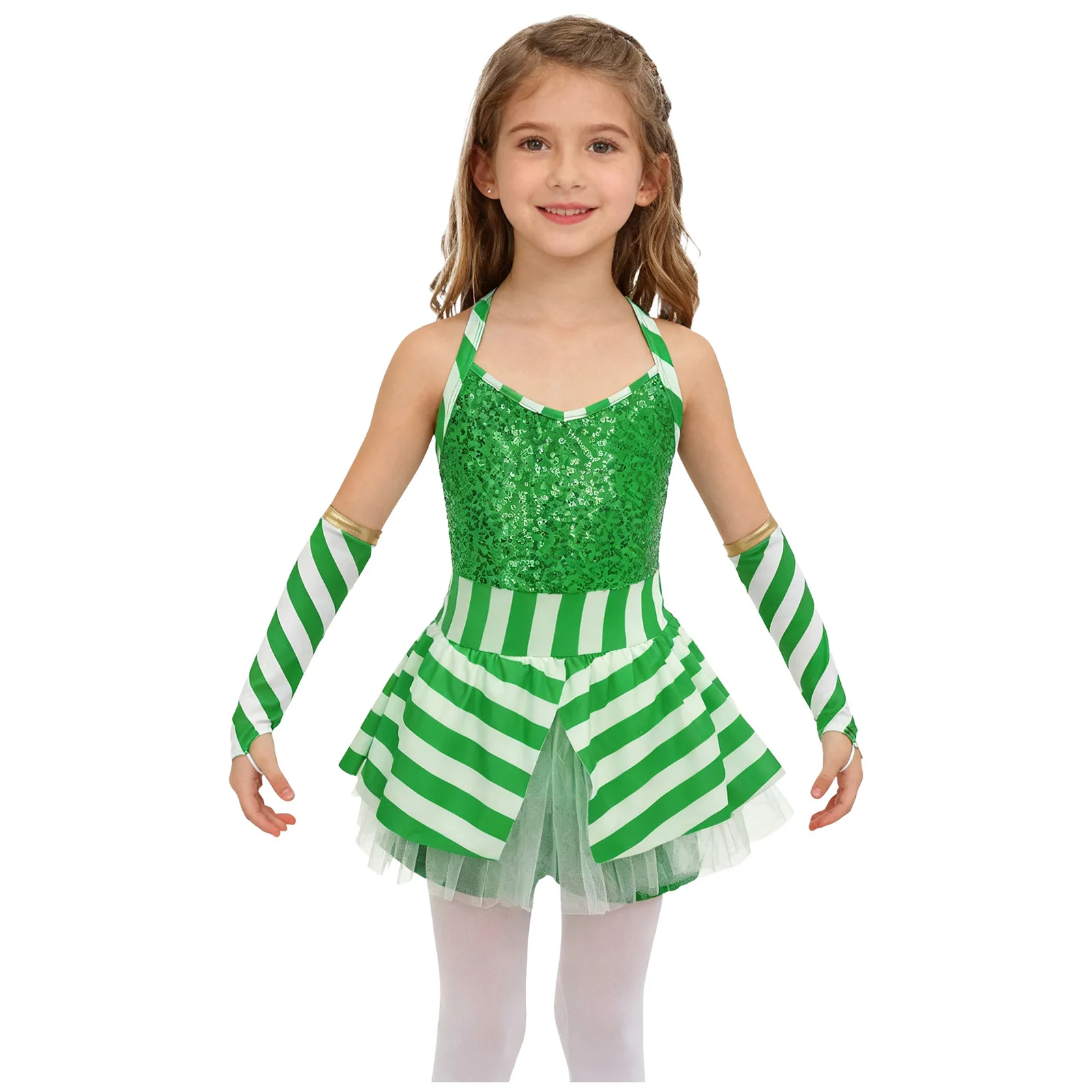 Girls Christmas Candy Cane Striped Bodysuit Tutu Dress Xmas Santa Elf Cosplay Costume Ballet Dance Skating Gymnastics Clothes - view 2
