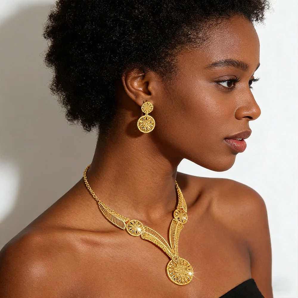 

Luxury Women Necklace Jewelry African Gold Color Design Necklace Earrings Dubai Drop Earrings Jewelry Set Wedding Gifts Party