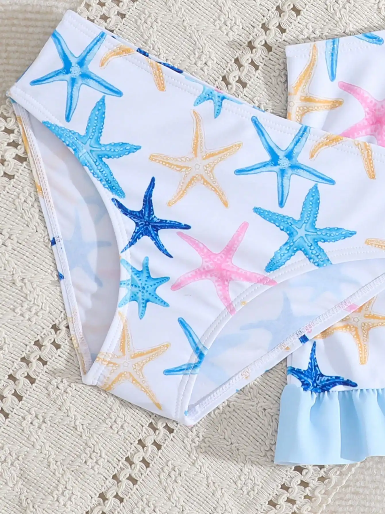 

Women's Starfish Print Ruffled Trim 3 Piece Bikini Set
