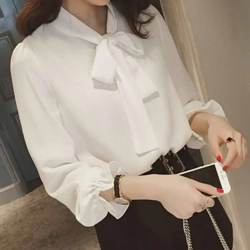 

Women Clothing Plus Size Bow Lacing Chiffon Blouse Spring Autumn Long Sleeve Solid All-match Office Shirt Tops Fashion Elegant