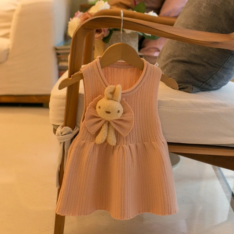

2024 Autumn/Winter Children's New Cute Cartoon Girls' Solid Color Sweater Tank Top Dress Baby Girl Dresses