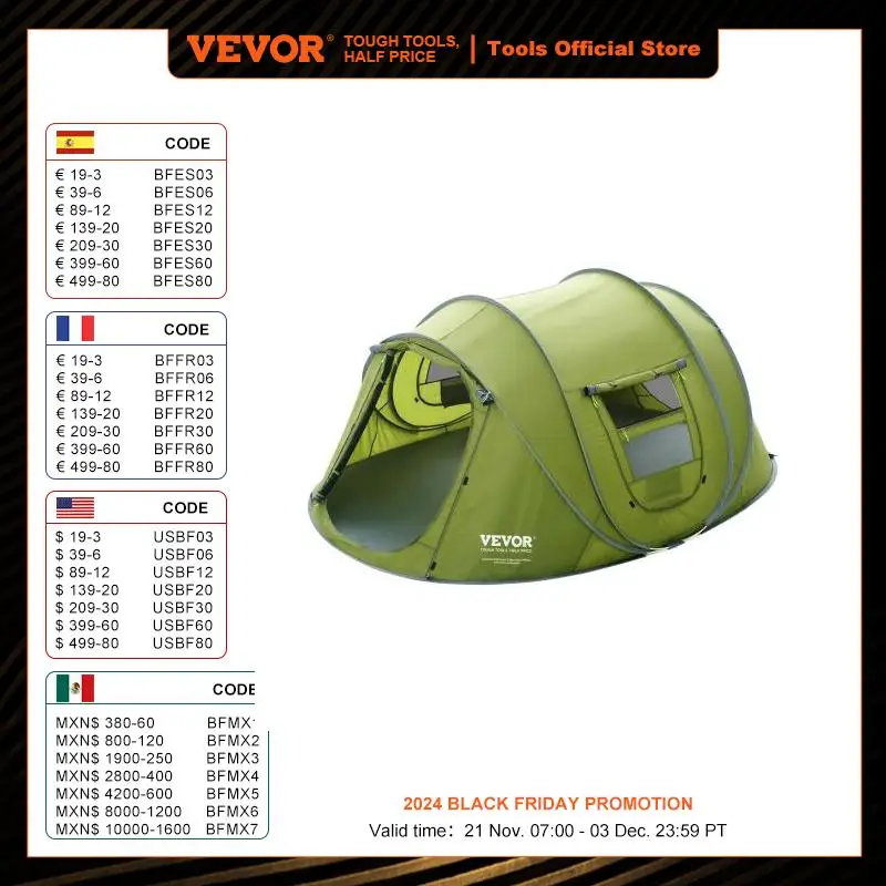 VEVOR Camping Tent Pop Up Tent for 4 Person Easy Setup Waterproof Backpacking Tent with Door & Window for Outdoor Family Camping