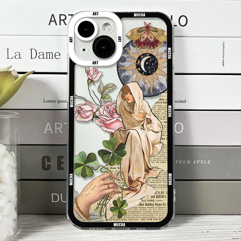 Funda para iPhone 16 15 14 13 12 11 Pro Max Mini XS X XR SE 7 8 Plus cubierta suave Alphonse Mucha Art
