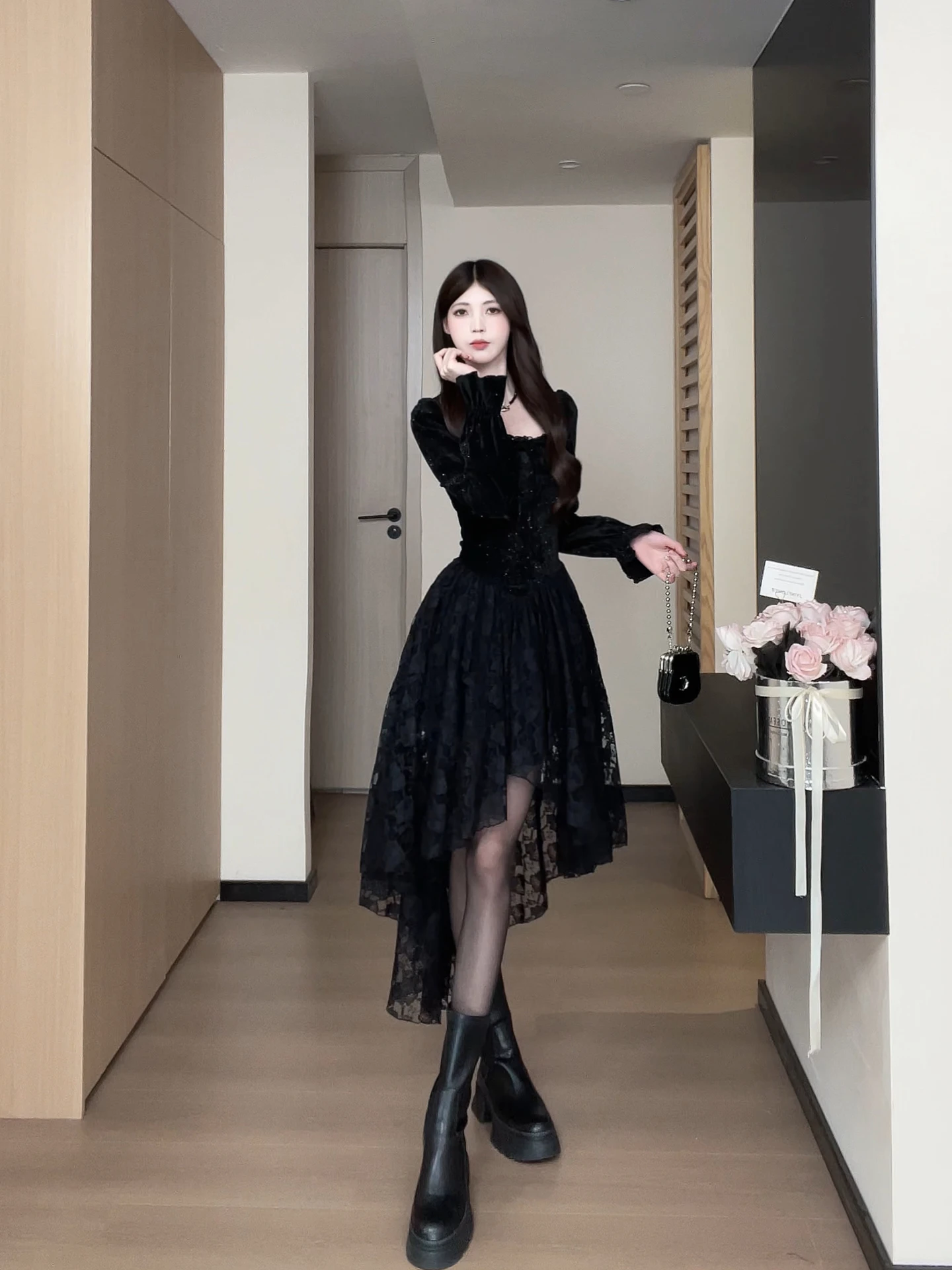 

Dark Romantic Black Lace Long Sleeve Women's Dress Asymmetrical Hemline High Waist A-Line Skirt Zipper Closure Slim Fit Dress