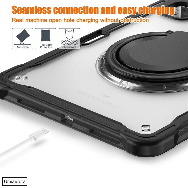 For IPad Air 4 5 10.9 Mini 6 Pro 11 12.9 13 inch M2 M4 2024 Tablet Case 360 Rotation Hand Ring Stand Strap Kid Shockproof Cover