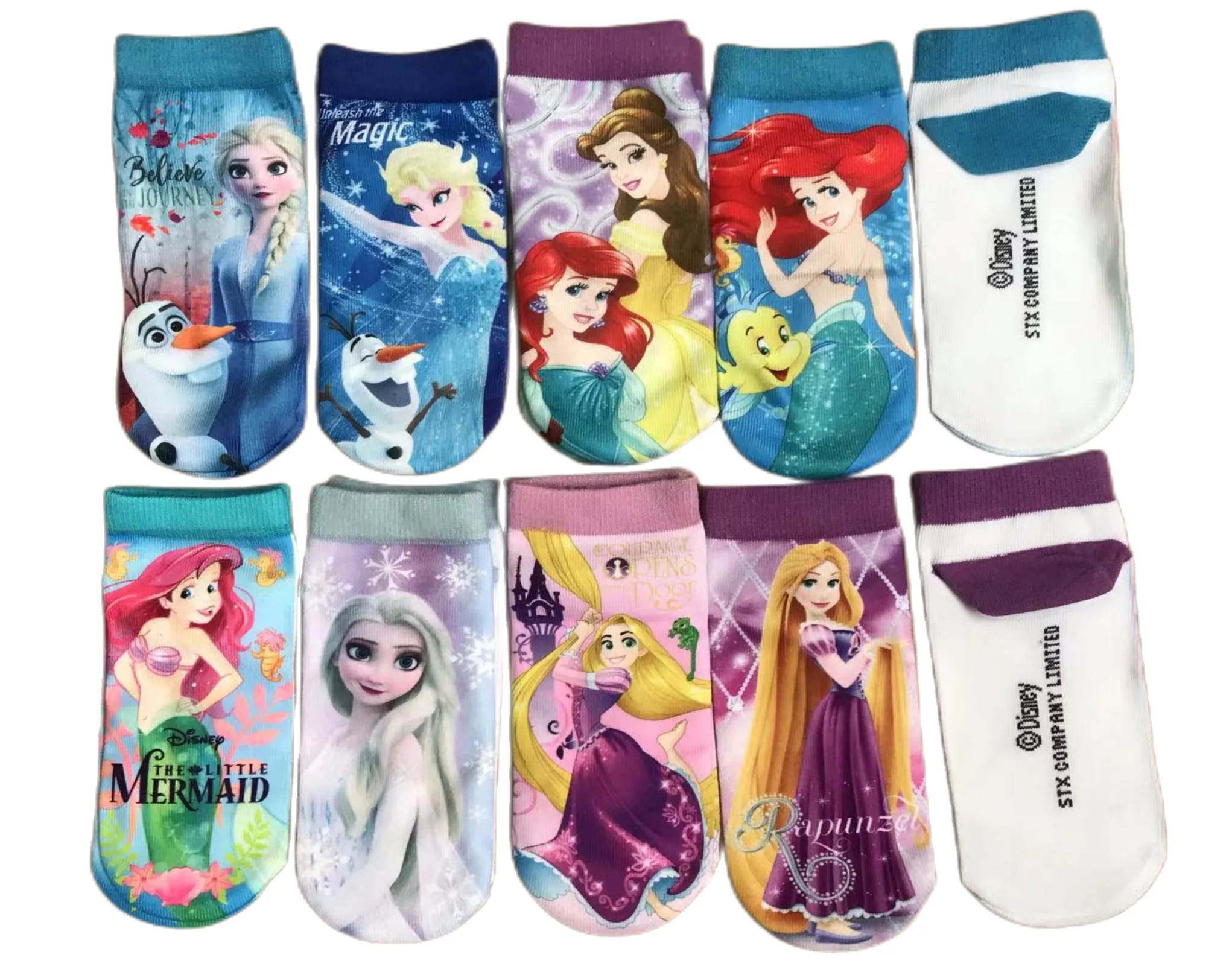 Hot Toys Princess Desing Socks Elsa Anna Mermaid Belle Prints calzini in cotone per 3-10T 4 paia/lotto calzini per bambini di colore brillante