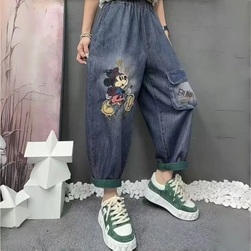 Vintage Mickey Patch Embroidery Jeans Women High Waist Slimming Cropped Harem Lantern Pants Spring Autumn Loose Casual Denim