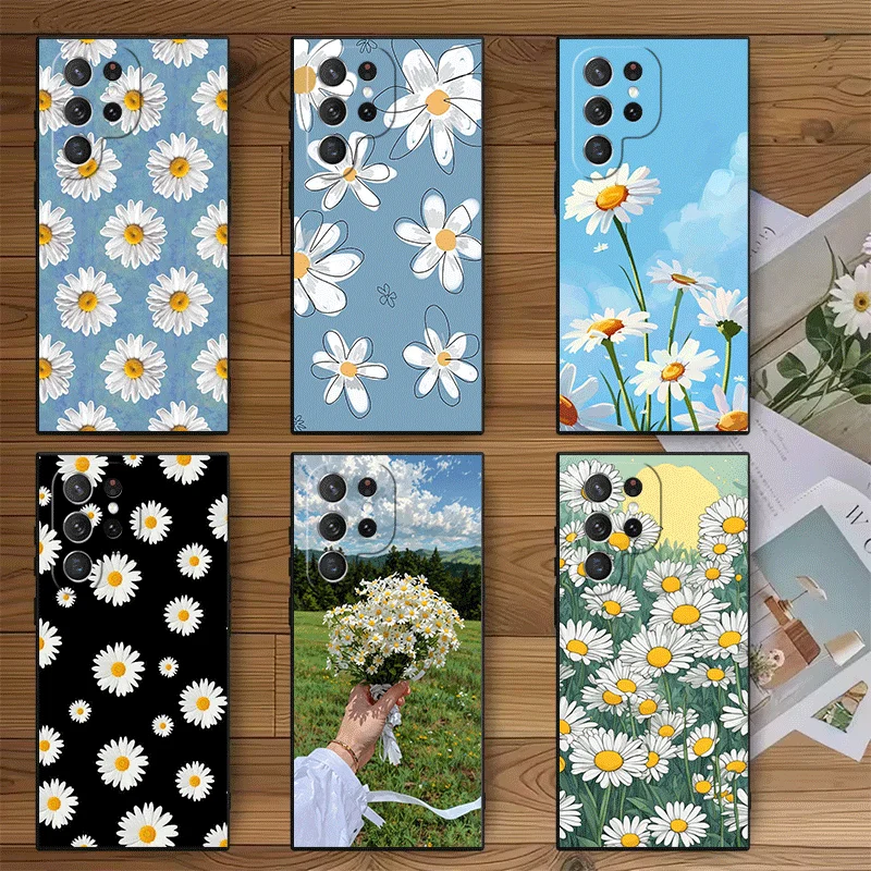 Daisy Flowers Aesthetics Soft Phone Case for Samsung Galaxy S26 S25 Edge S24 Ultra S23 Plus S22 S21 FE S20 Black Cover Back Shel