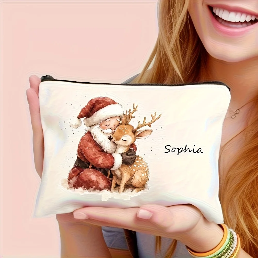 Personalized Custom Name Santa Reindeer Makeup Bag Watercolor Xmas Print Cosmetic Pouch Travel Storage Christmas Gift