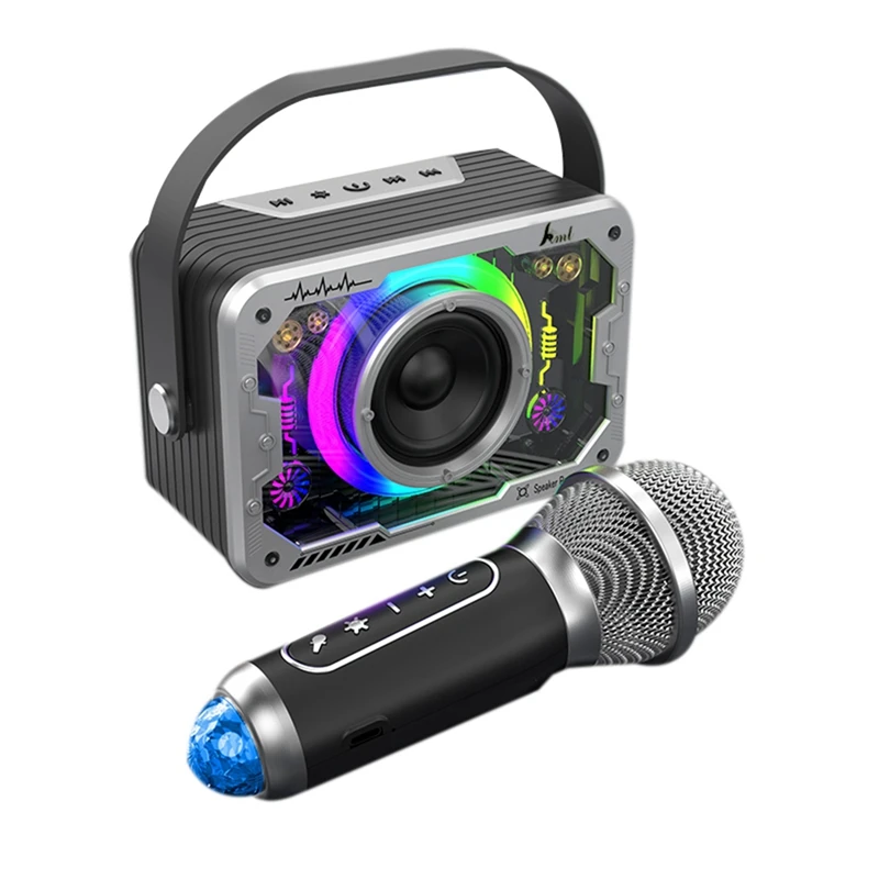Bluetooth Speaker For Home Outdoor Singing, Portable Bass Wireless Karaoke Speaker Microphone Home Ktv Kit Gray