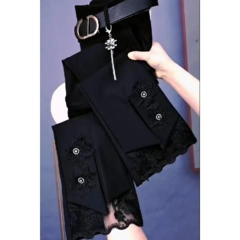 

High Waist Slim Nine Minute Micro Cropped Pants Women's South Korean Stretch Lace Fashion Pants Show Height Slim-fit Trousers