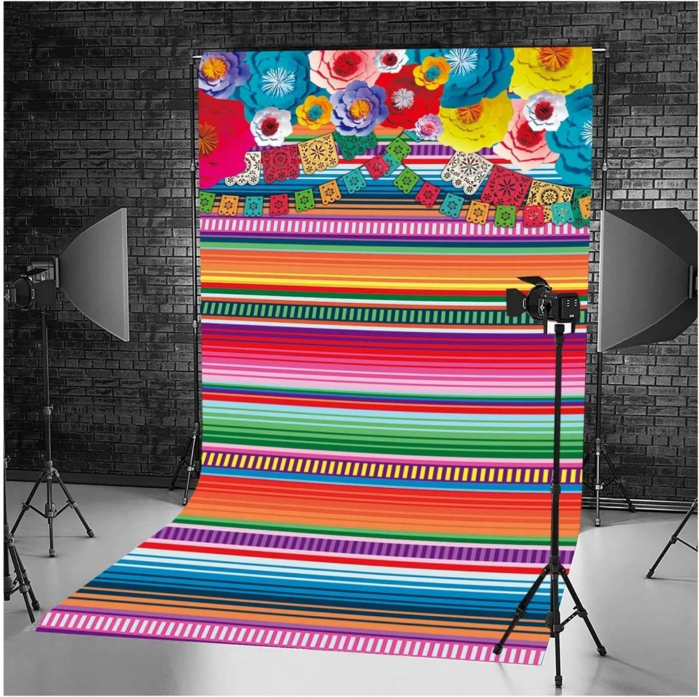 Photography Backdrop Carnival Mexico Colored Flag And Flowers Striped Grid Baby Bath Background Home Party Backdrop Wall Banner