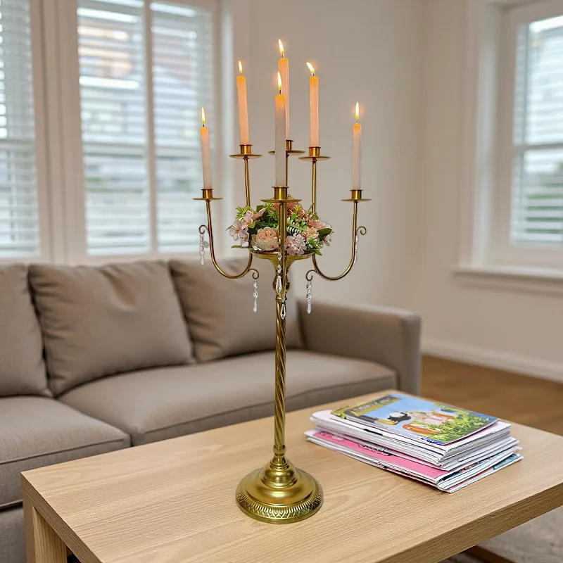 

Mutihome European Baroque Gold Candlestick With Multiple Head Crystal Pendant Candle Cup Wedding Table Center Decoration Window