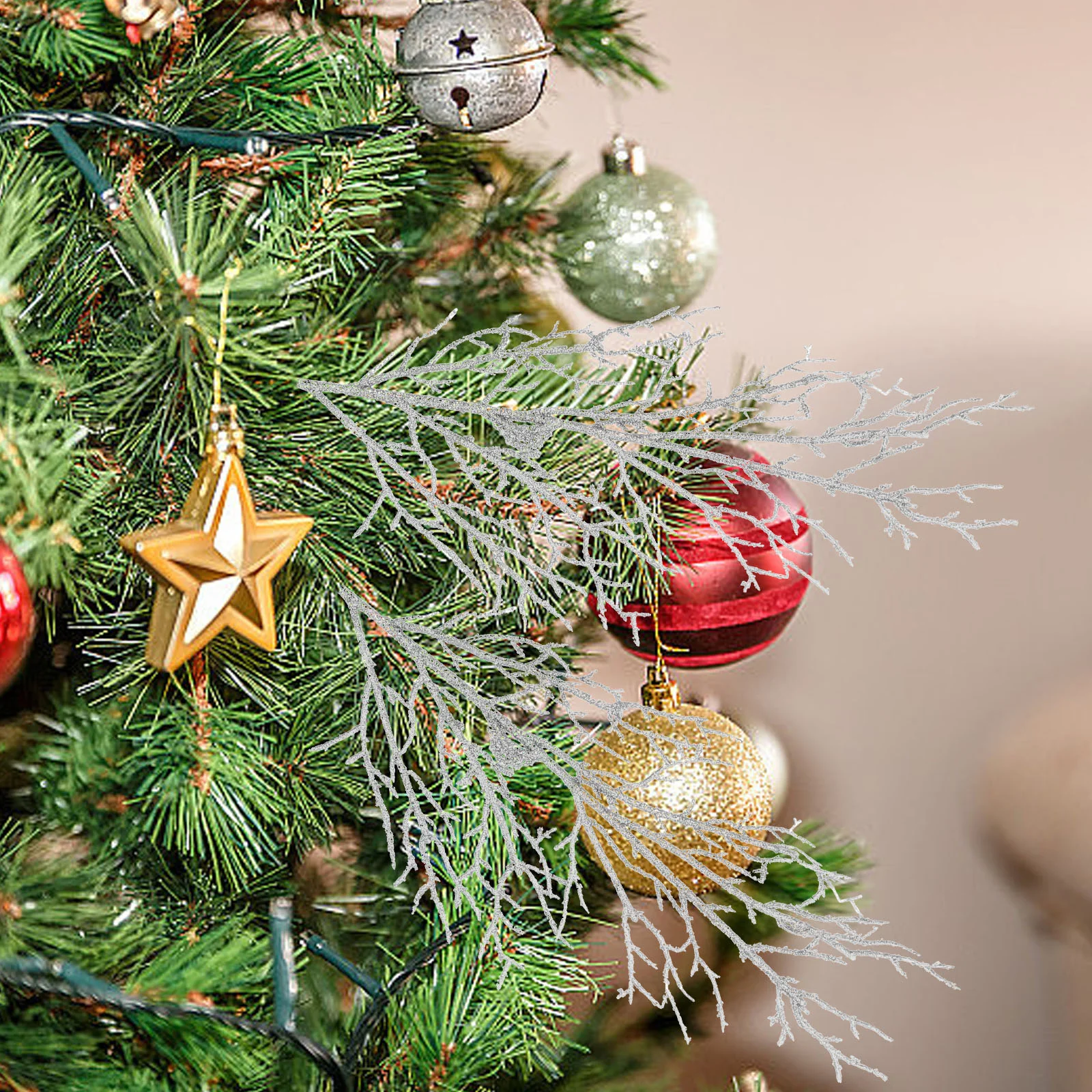 クリスマスの葉の枝、死んだ枝と葉、木の小道具、偽の人工装飾品、銀のキラキラパウダー、クリスマスのプラスチック、10個