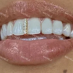 RACHELZ Hip Hop Single Vertical Bar Zircon Teeth Grillz 14K Gold Plated Long Stick CZ Stone Tooth Caps For Women Men Jewelry
