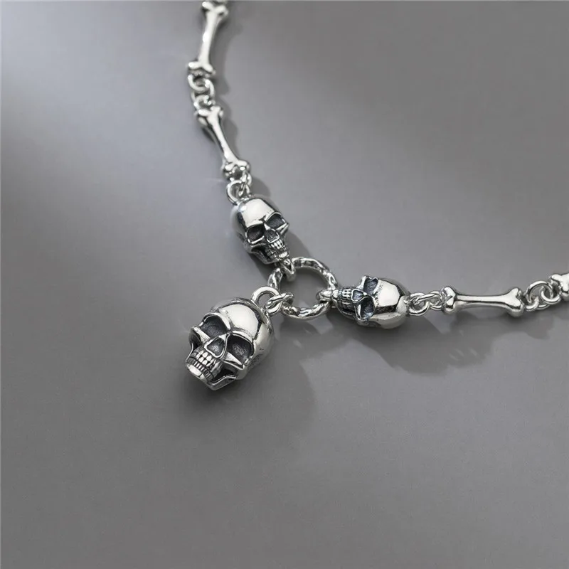 YIZIZAI Gothic Style 100% 925 Sterling Silver Men Women Creative Retro Skull Bone Chain Bracelet For Halloween party