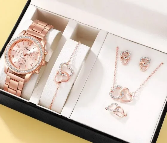 6PCS Set Rose Gold Luxury Watch Women Ring Necklace Earring Rhinestone Fashion Wristwatch Casual Ladies Bracelet Watches